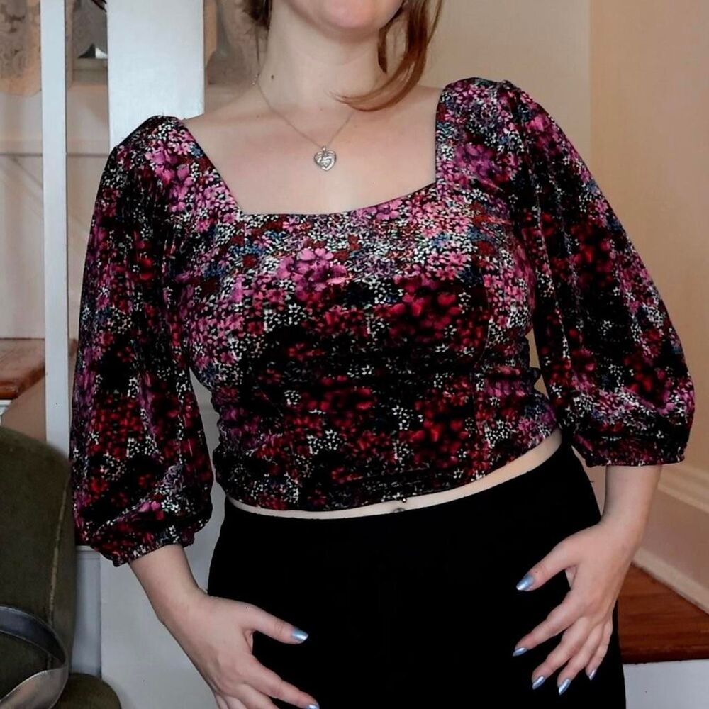 Velvet Romantic Floral Puff Sleeve Top 3/4 Sleeves Large Fairycore Whimsigoth